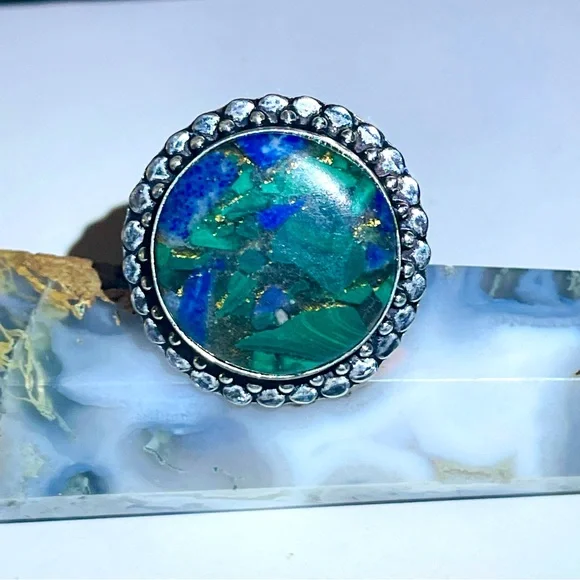 New Artisan Blue Green Natural Azurite Stone 925 Sterling Silver Circle Ring - Picture 3 of 15